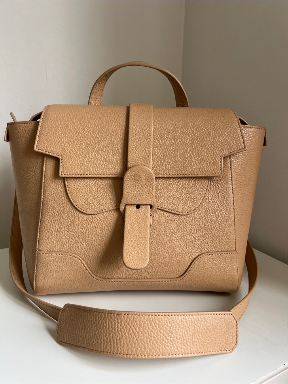 Senreve Midi Maestra Pebbled Leather Convertible Satchel Bag in Camel